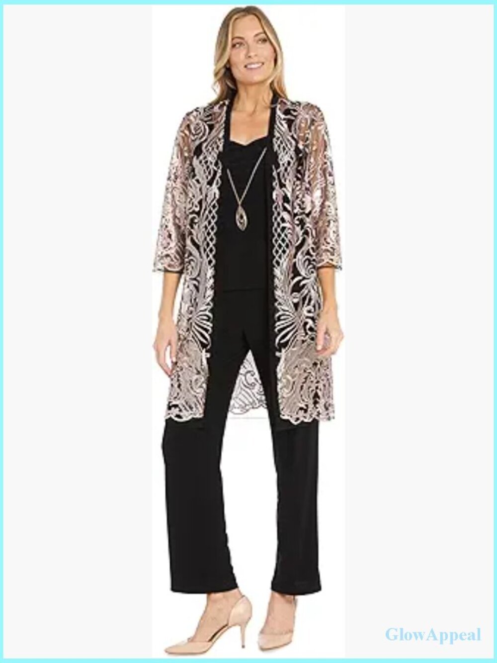 Sequin Mesh Duster Jacket Set with Tank & Pants